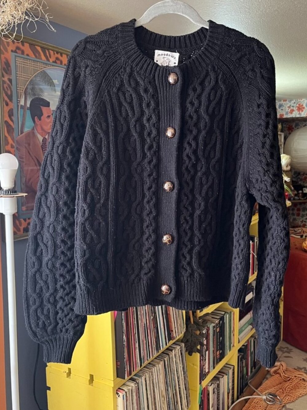 Meadows Quincy Cardigan Black UK 12 US 8 50% Cotton/Wool Cable Knit GUC